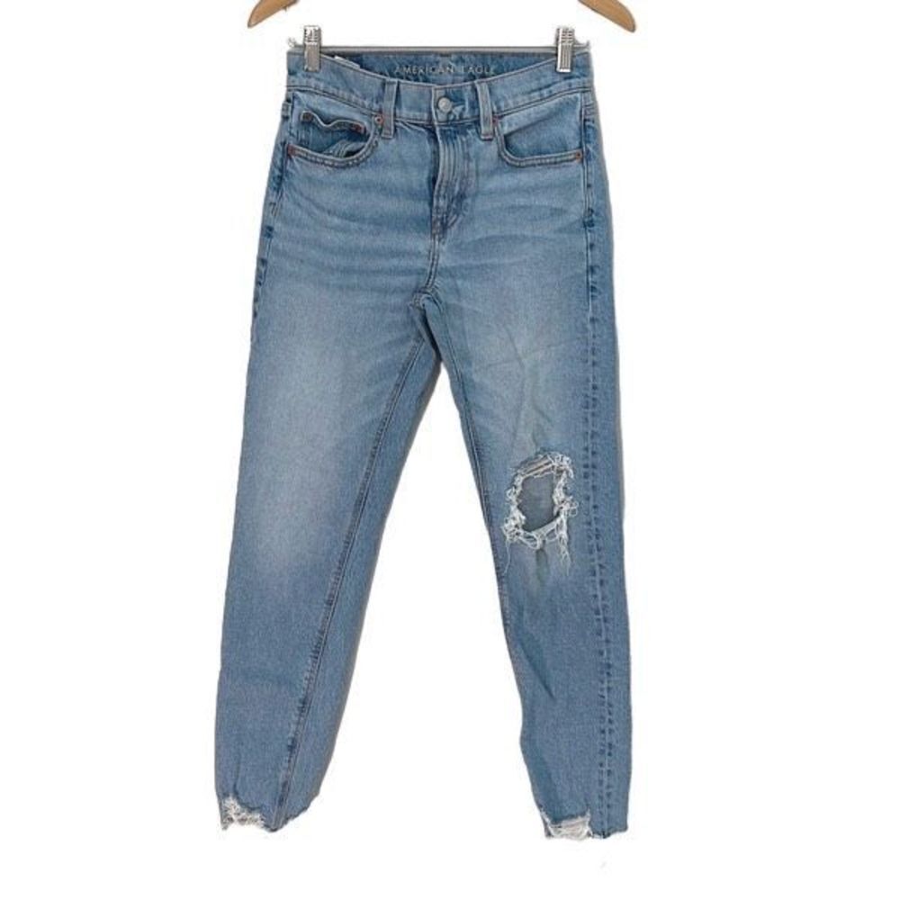 American Eagle Womens Stretch Distressed Jeans Cutoff Denim Light Wash Blue 2